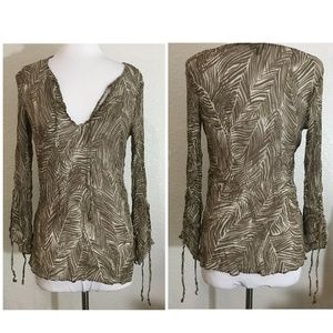 Talbots Size Small Brown Crinkle Semi Sheer Top Shirt Blouse Adjustable Sleeves